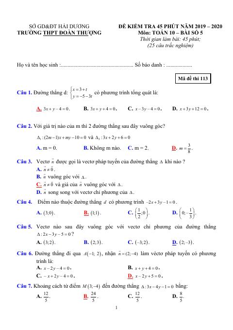 Đề kiểm tra Toán 10 bài số 5 năm 2019 – 2020 trường Đoàn Thượng – Hải Dương